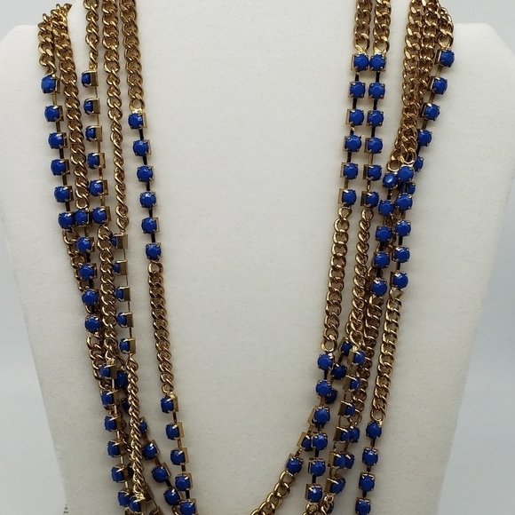 Multilayered Gold Toned Chain with Blue Accent Pieces Necklace Costume - Picture 2 of 6